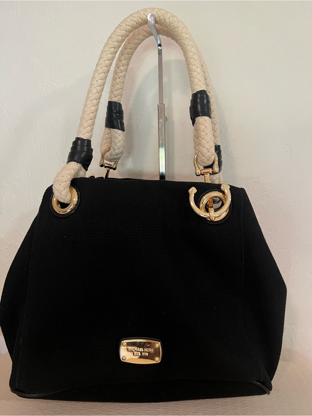 Michael Kors Black Marina Tote with Cream Rope Handles and Gold Anchor Hardware